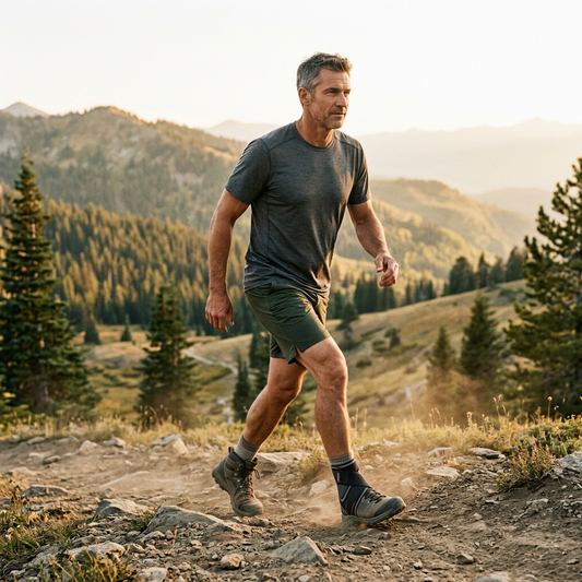 Adult male hiker wearing ankle brace walking on rocky mountain trail at sunset, rolling hills and forest in the background