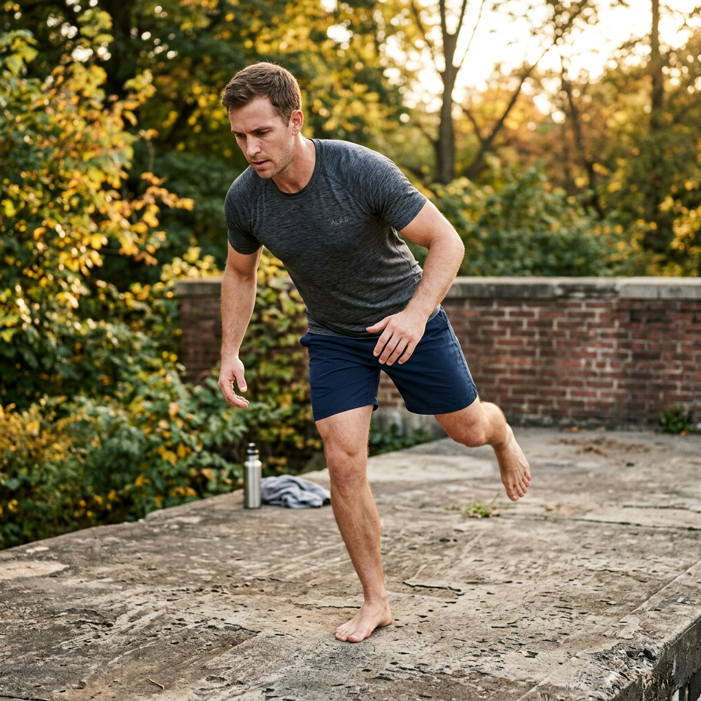 Adult male performing single-leg balance exercise on stone surface outdoors, barefoot, athletic wear, trees and brick wall in background