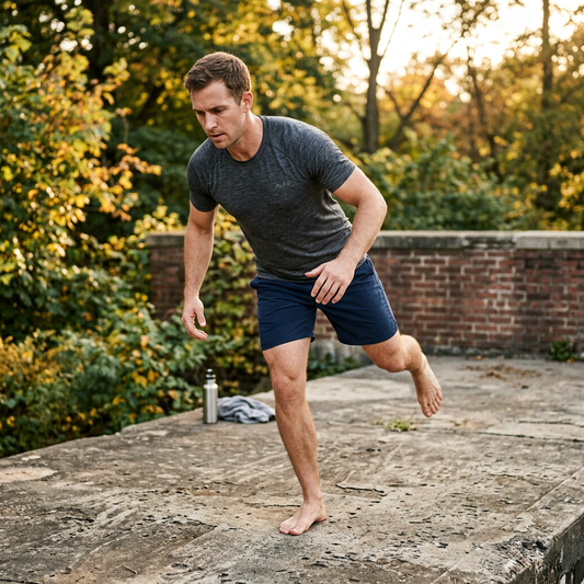 Adult male performing single-leg balance exercise on stone surface outdoors, barefoot, athletic wear, trees and brick wall in background