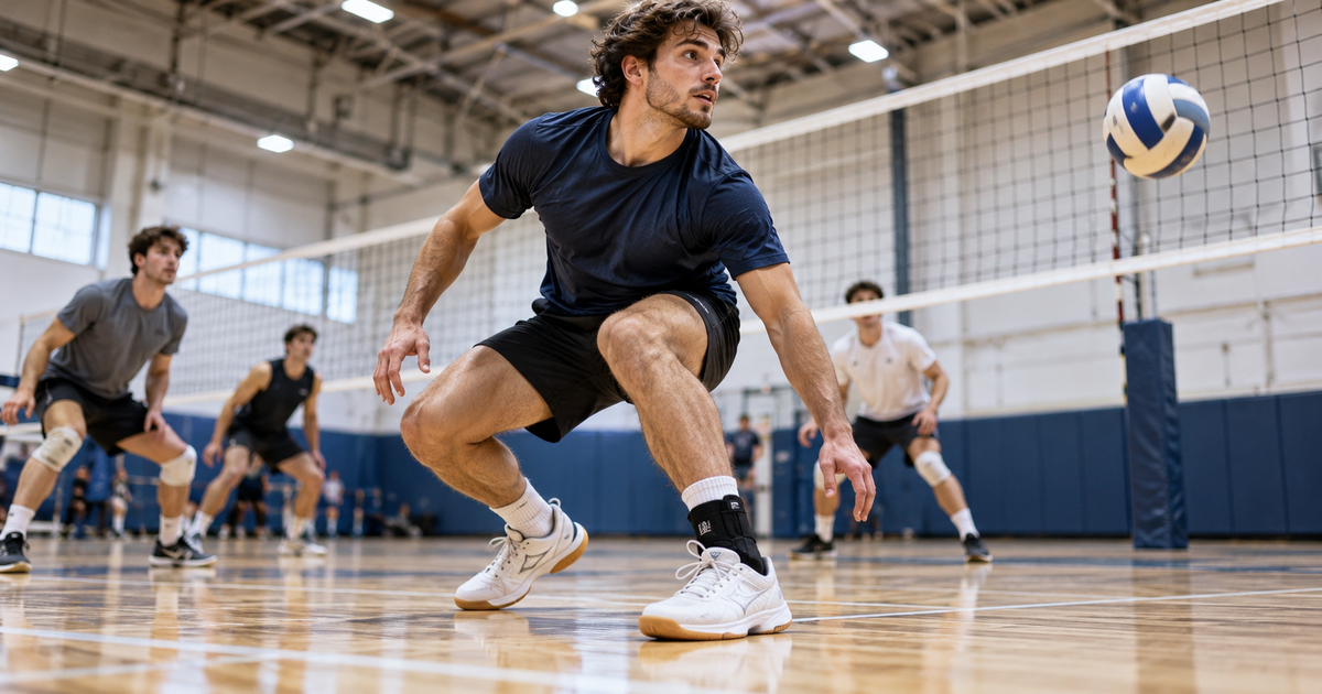 Adult male volleyball player landing on an indoor court while wearing an ankle brace for volleyball.