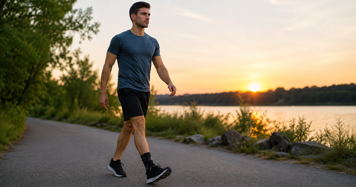 Adult man walking carefully on a paved path wearing an ankle brace after a sprain.