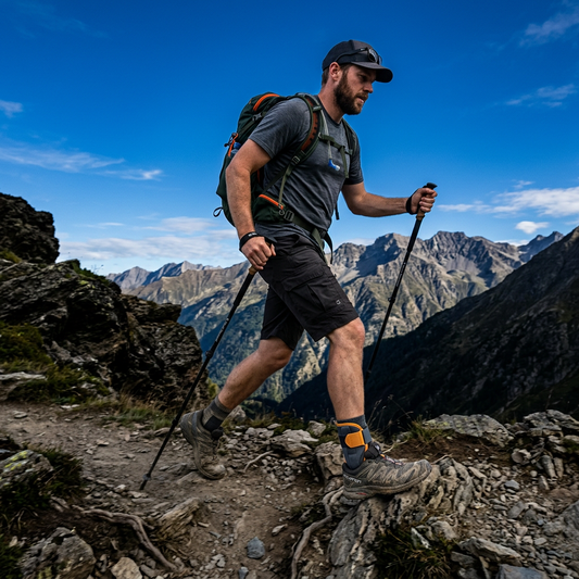 Adult male hiker with trekking poles navigating rocky mountain trail wearing ankle brace, backpack and mountain peaks in background