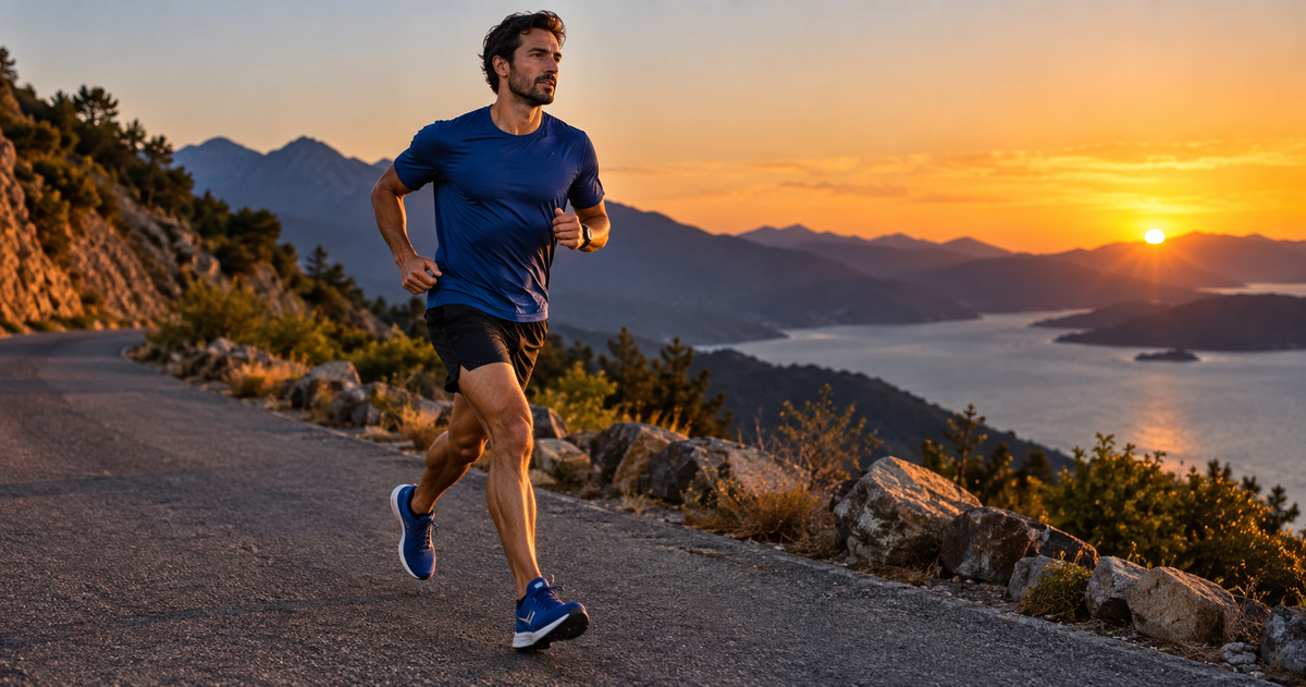 Adult male runner in natural mid-stride on a paved road or trail; running shoe fully worn; brace correctly inside the shoe; no text or logos.