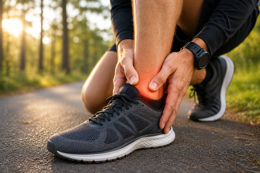 Runner wearing shoes holding a stiff ankle on an outdoor path