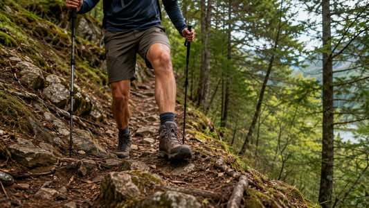 Hiker using trekking poles steps carefully across a rocky forest trail with roots and uneven ground