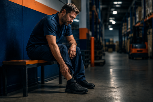 Tired warehouse worker seated after a long shift, holding his ankle on a hard floor