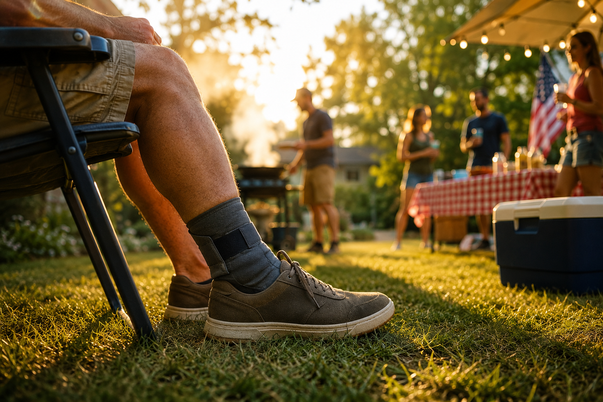 Person wearing an ankle brace relaxing at a backyard summer gathering after a long active day outdoors.