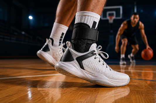 Adult male basketball player on a court wearing an ankle brace, positioned mid-cut during play
