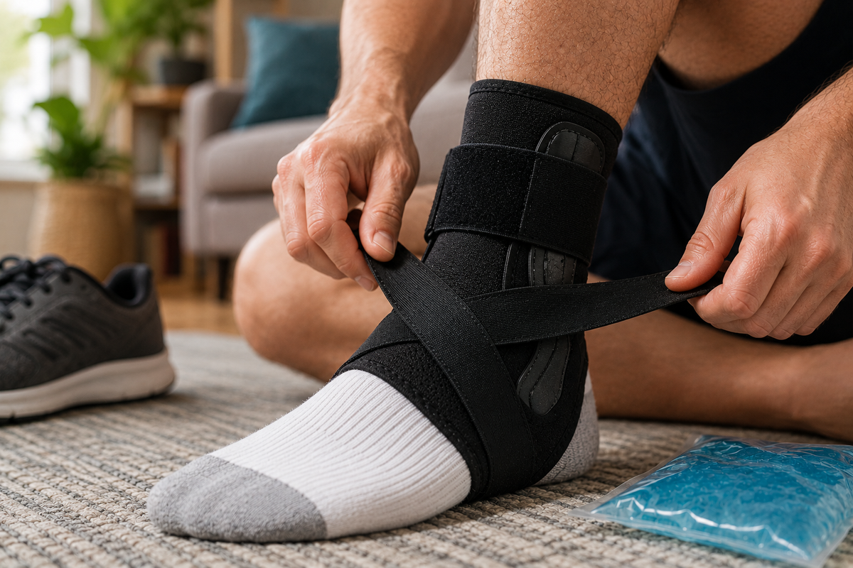 Adult male seated on floor adjusting figure-8 ankle brace, ice pack and running shoe visible nearby, home setting