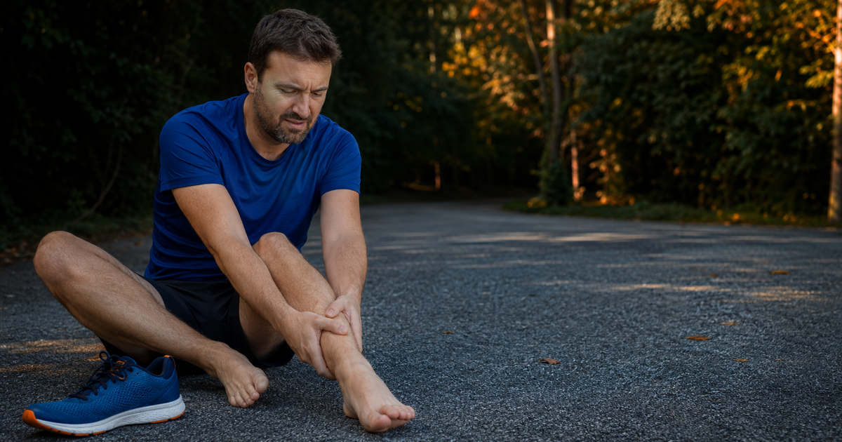 Adult seated after an ankle injury while holding the ankle and deciding whether it may be broken or sprained