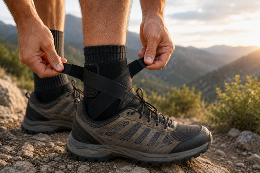Man adjusting an ankle brace on a rocky trail with mountain scenery in the background