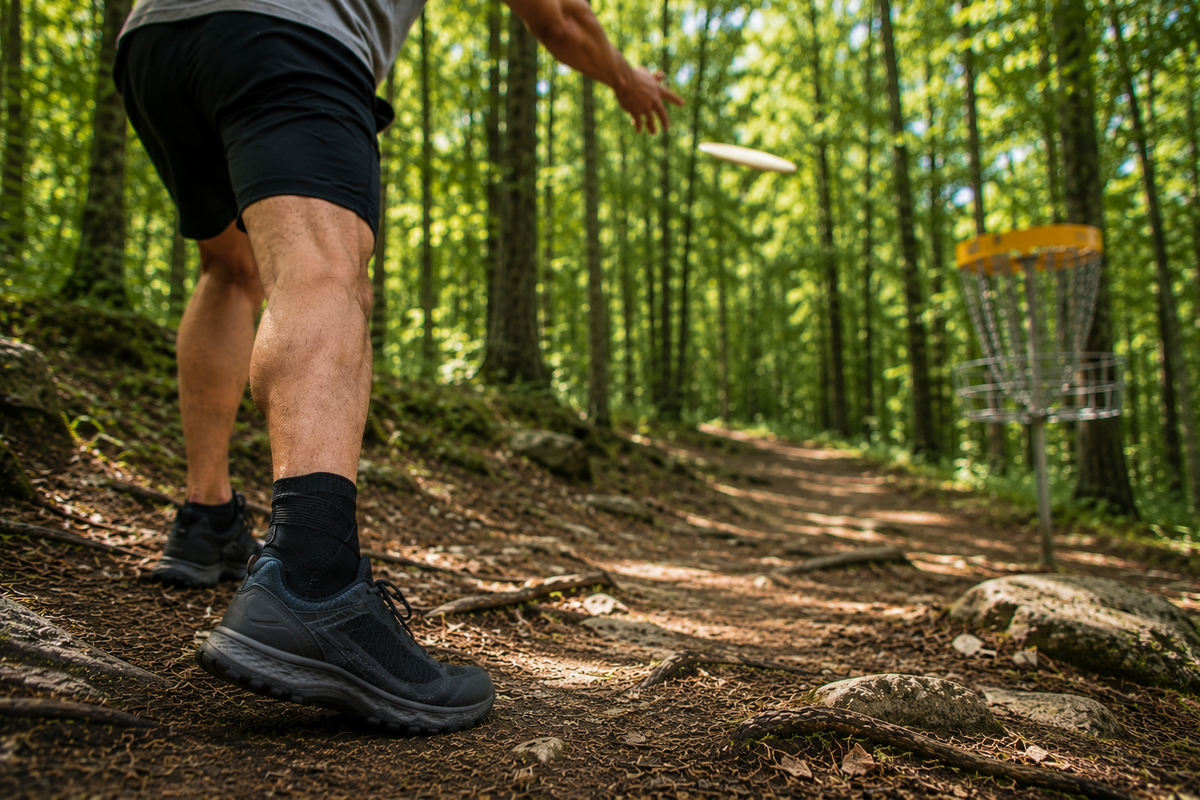 Adult male disc golfer throwing toward a basket on a wooded course with roots and uneven terrain visible on the ground.