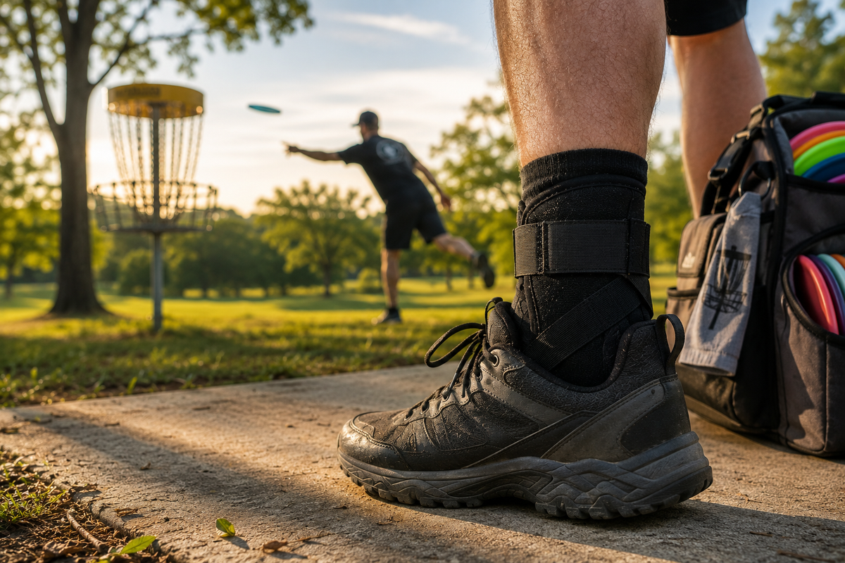 Disc golfer wearing an ankle brace on a sunlit course, with a player mid-throw toward the basket in the background and a disc bag nearby.