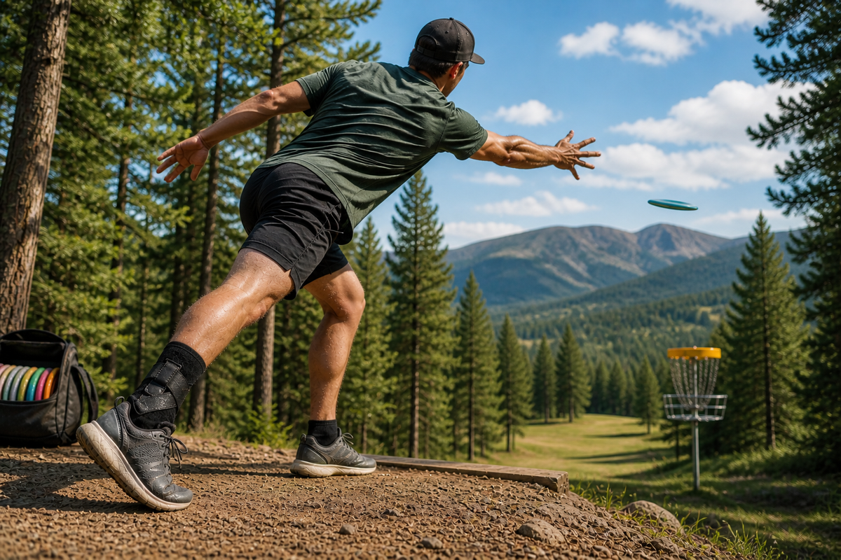 Disc golfer in mid-throw on a wooded course with an ankle brace visible on the plant foot, driving toward a basket in the distance