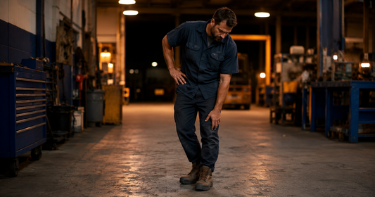 Adult male worker favoring one ankle after standing all day on a hard floor