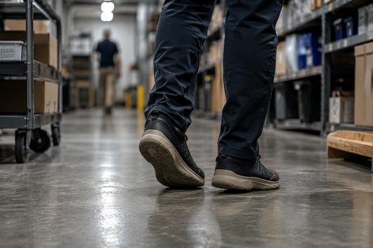 Worker walking through a warehouse aisle during a long shift, showing workday ankle stability demands on a hard floor