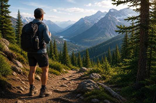 Male hiker on a forest trail, returning to hiking after an ankle sprain.