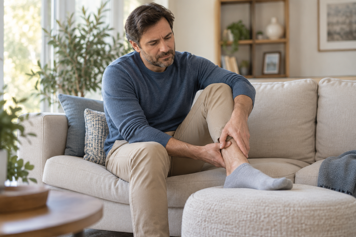 Man sitting on a sofa noticing ankle pressure and stiffness