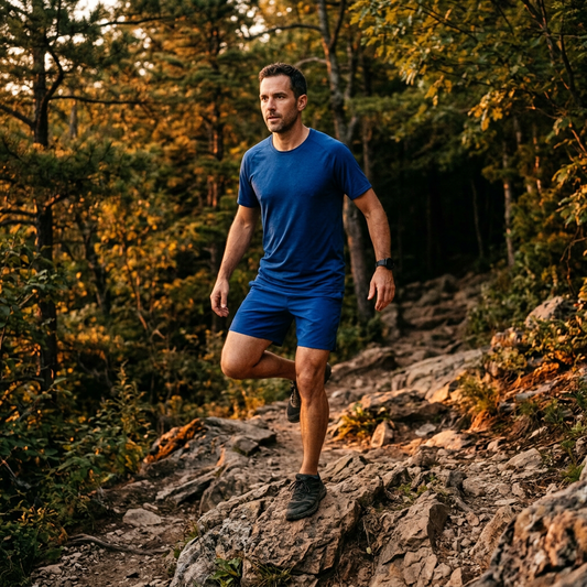 Active adult balancing on one foot on a rocky trail in a forest, demonstrating ankle stability exercises in a natural outdoor setting