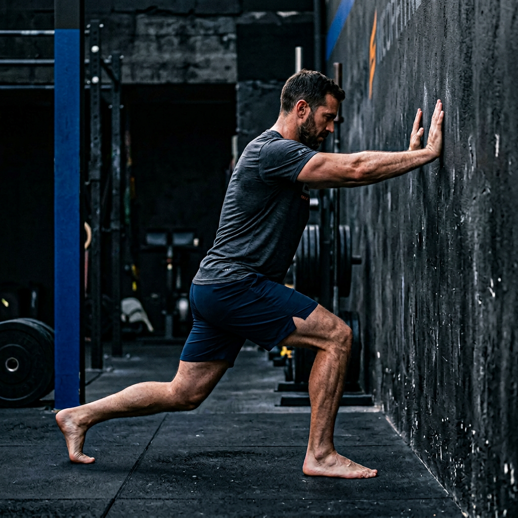 Active adult performing ankle mobility exercises - wall ankle stretch with heel flat on floor