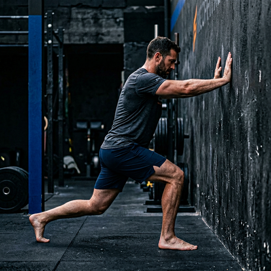 Active adult performing ankle mobility exercises - wall ankle stretch with heel flat on floor