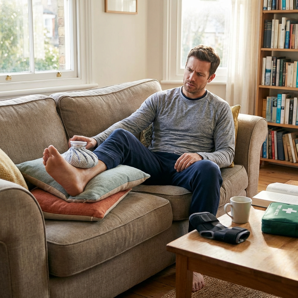 Adult male resting on couch with injured ankle elevated on pillows and ice pack applied, ankle brace and first aid kit visible on coffee table