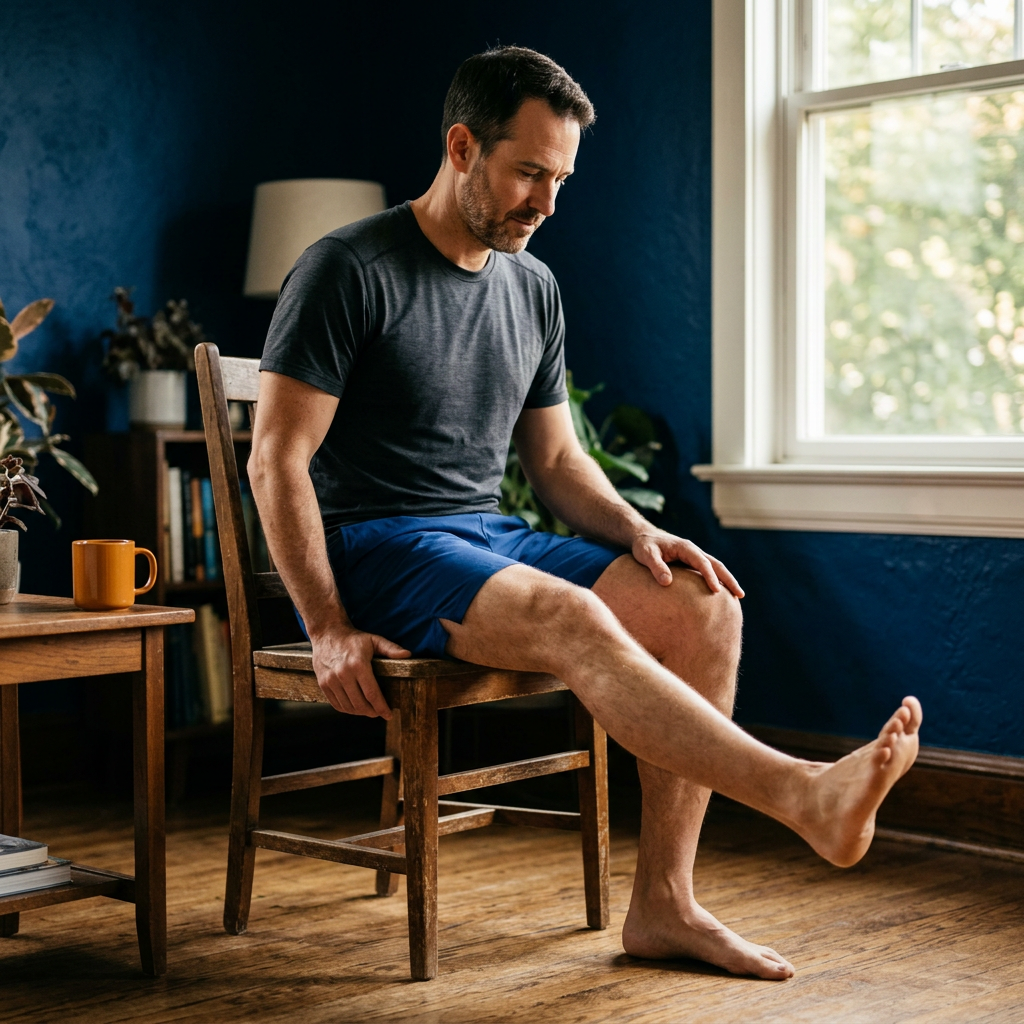 Person seated in a chair performing ankle rotation exercises with one leg extended