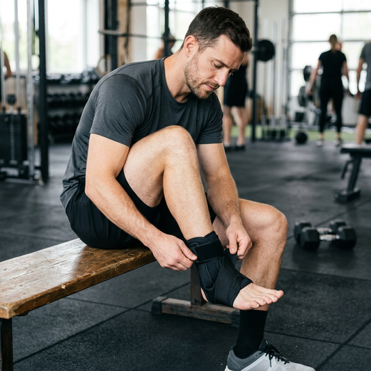 Adult male seated on gym bench adjusting ankle brace before workout, weights and other gym members visible in background