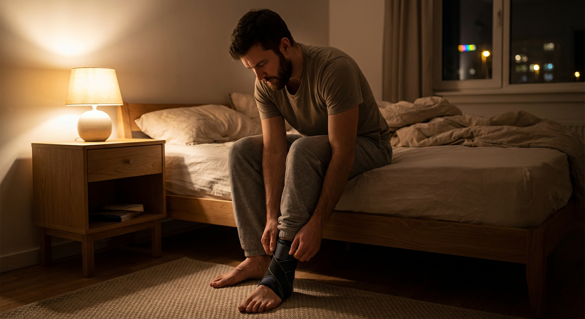 Adult male sitting on the edge of a bed at night examining an ankle brace on his foot, warm bedroom lighting, thoughtful expression