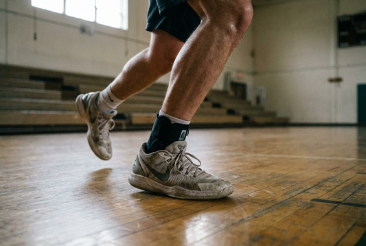 Adult male basketball player mid-stride on hardwood court wearing ankle brace under shoe, gymnasium bleachers visible in background