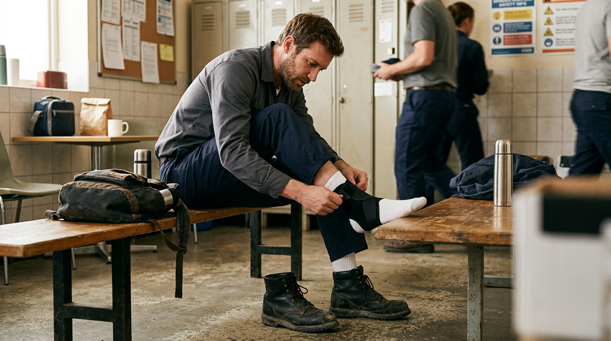 Adult worker seated after a long shift adjusting an ankle brace, with work shoes visible nearby.