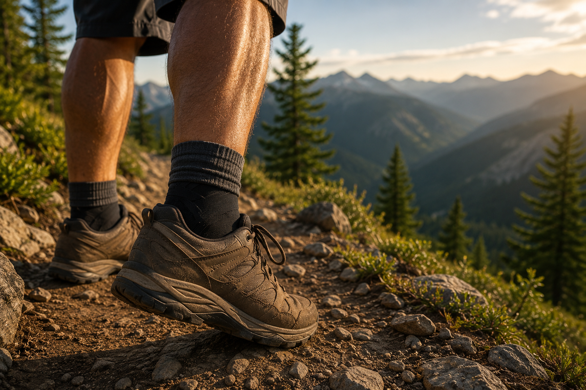 Hiker placing a foot carefully on uneven rocky terrain