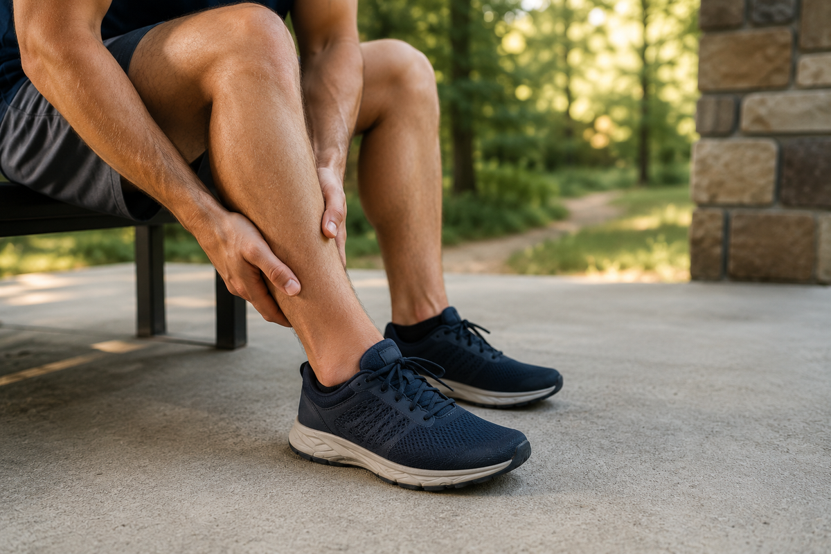Adult man sitting on a bench outdoors holding his ankle while wearing dark athletic shoes, representing lingering ankle instability and popping after a sprain.