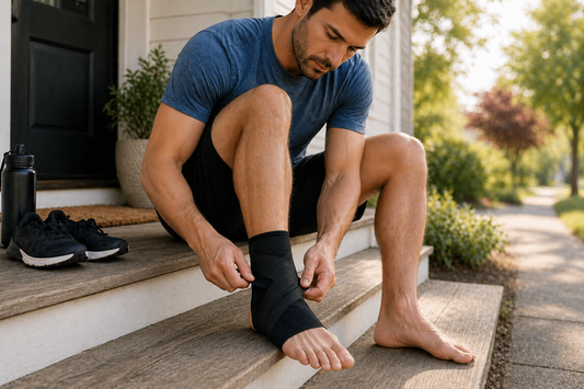 Adult male sitting on front porch steps adjusting an ankle brace before an outdoor workout, preparing for active recovery