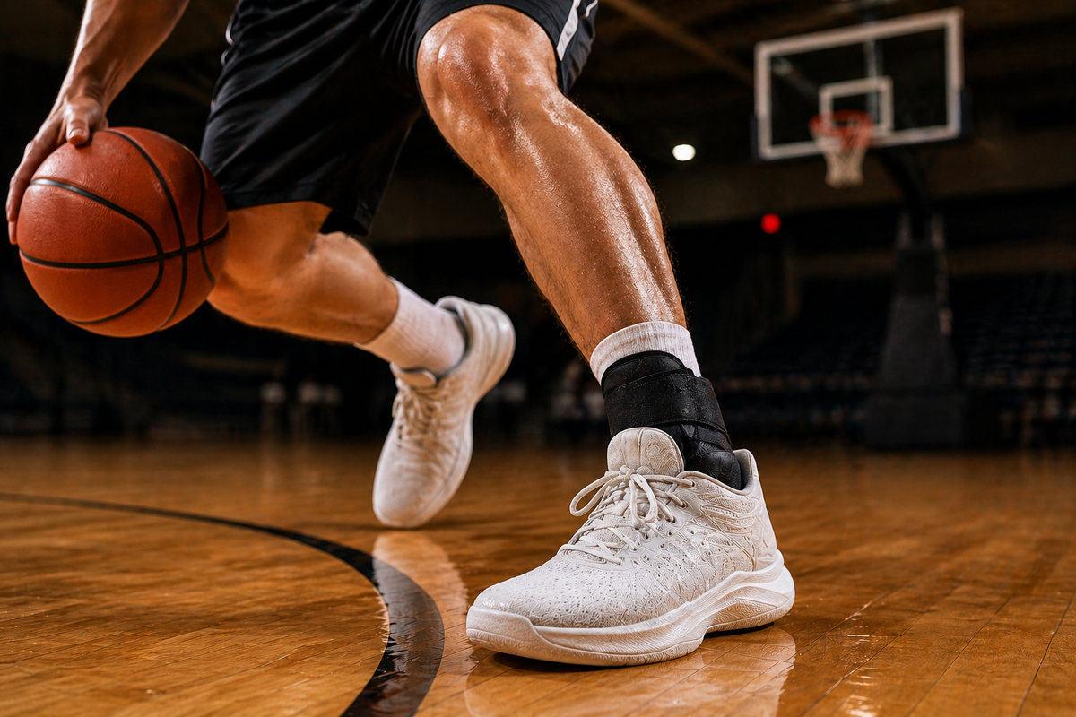 basketball player wearing ankle brace inside shoe during game
