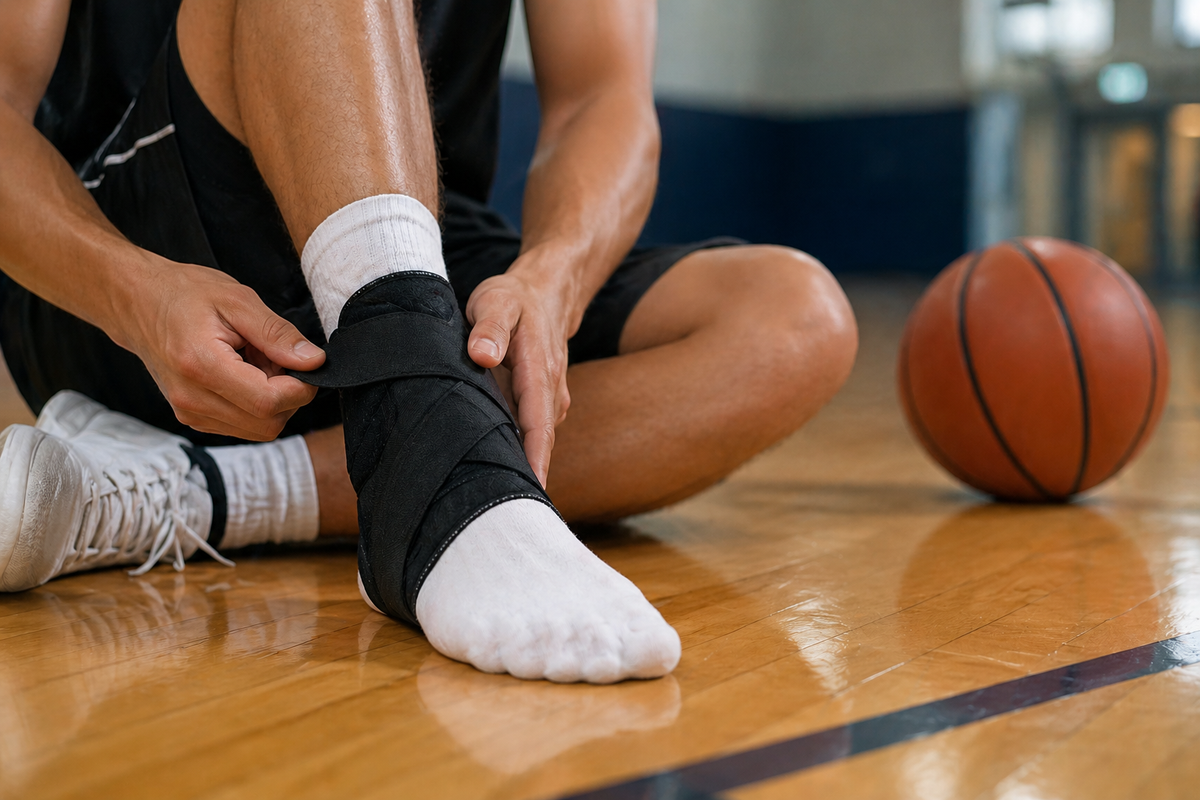 Adult male basketball player sitting courtside adjusting an ankle brace over a basketball shoe after a sprain, with hardwood court visible in the background.