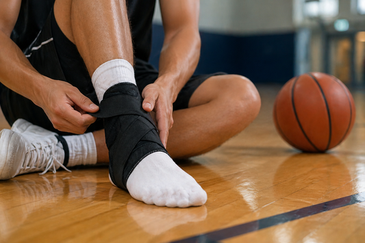 Adult male basketball player sitting courtside adjusting an ankle brace over a basketball shoe after a sprain, with hardwood court visible in the background.
