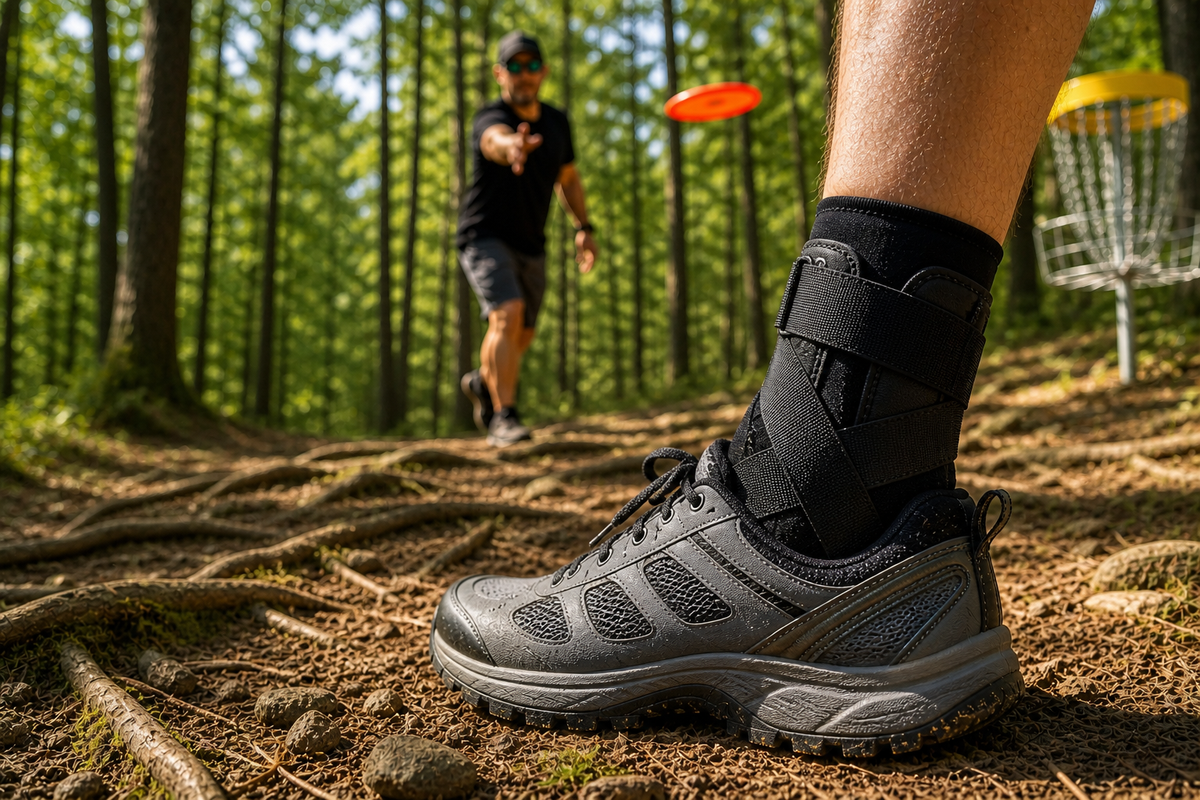 Adult male disc golfer with plant foot on rooted uneven terrain mid-throw on a wooded disc golf course