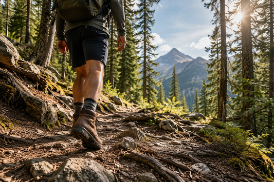 Hiker walking on a rocky forest trail with exposed roots and uneven terrain in the mountains.