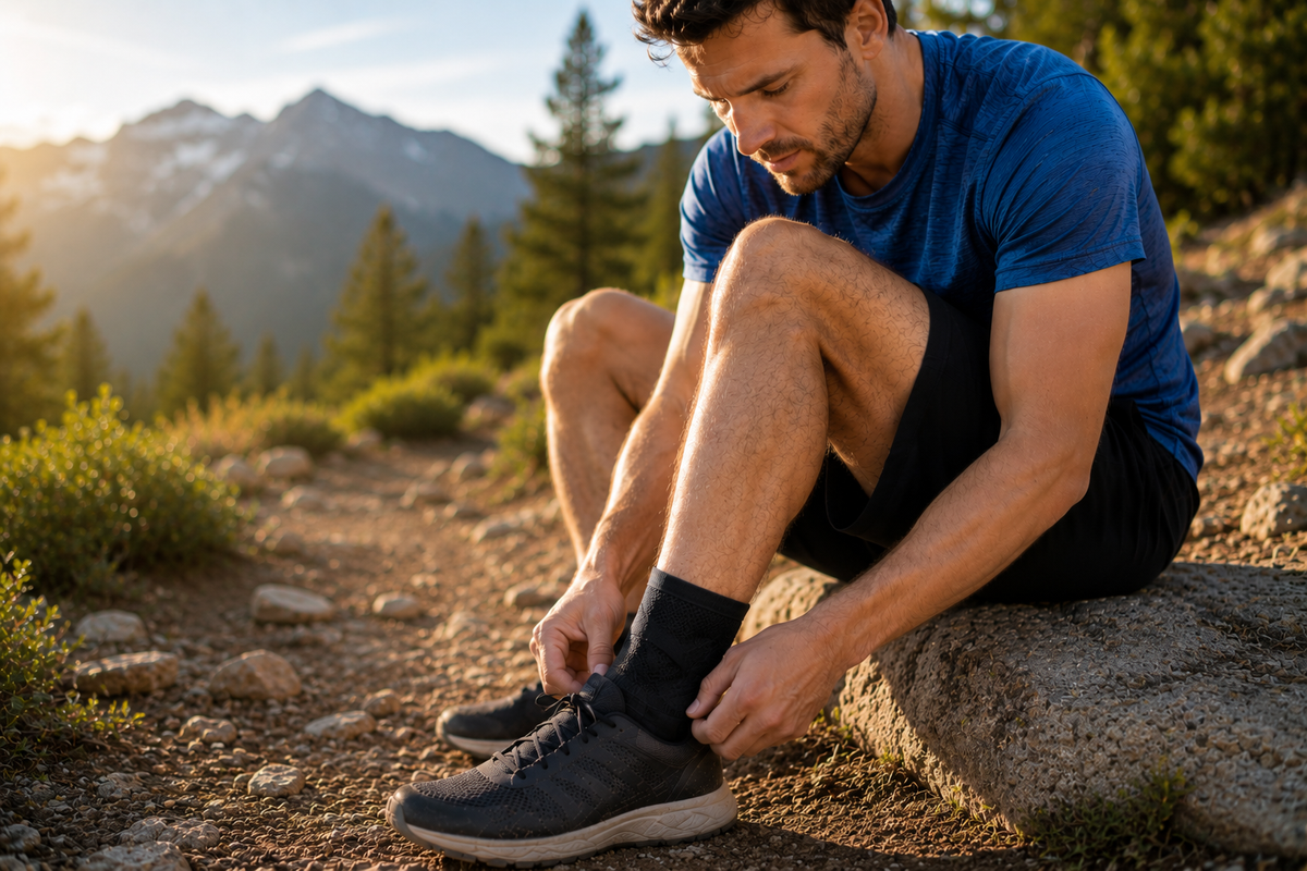 Adult male seated on a rocky mountain trail adjusting his ankle, reflecting on signs his ankle never fully healed after a sprain