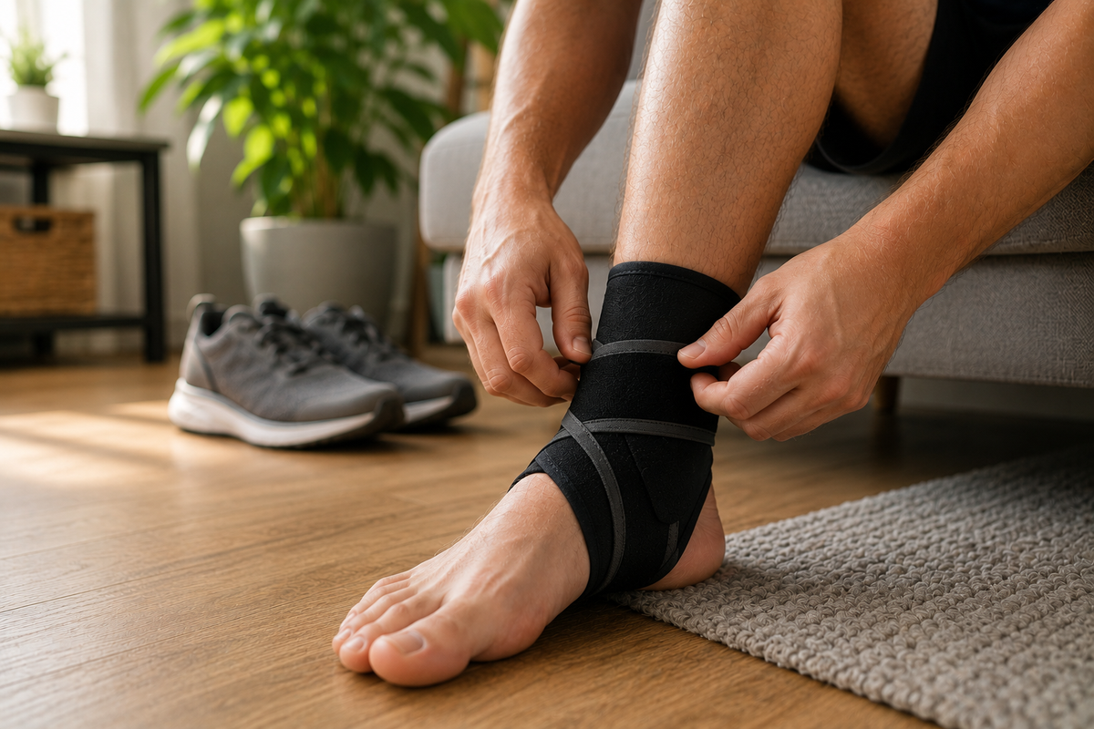 Adult male seated on floor adjusting ankle brace before activity, running shoes nearby, home setting with natural light