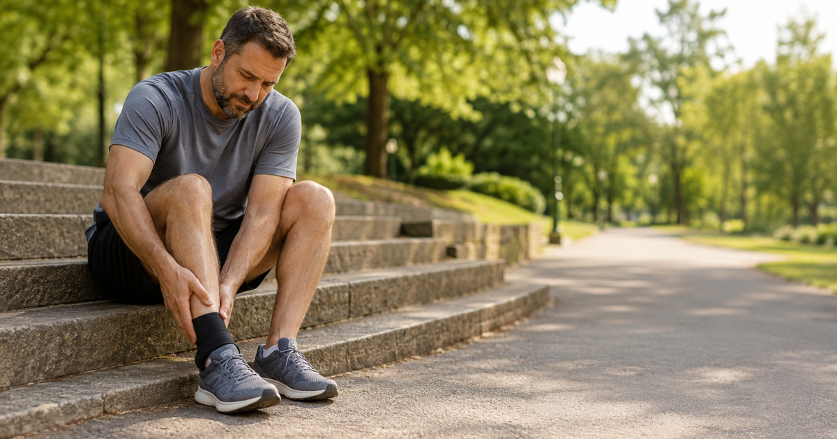 Adult man checking his ankle while sitting on park steps during recovery from a sprained ankle not healing as expected