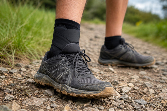 Black ankle brace worn inside trail shoes on rocky uneven ground